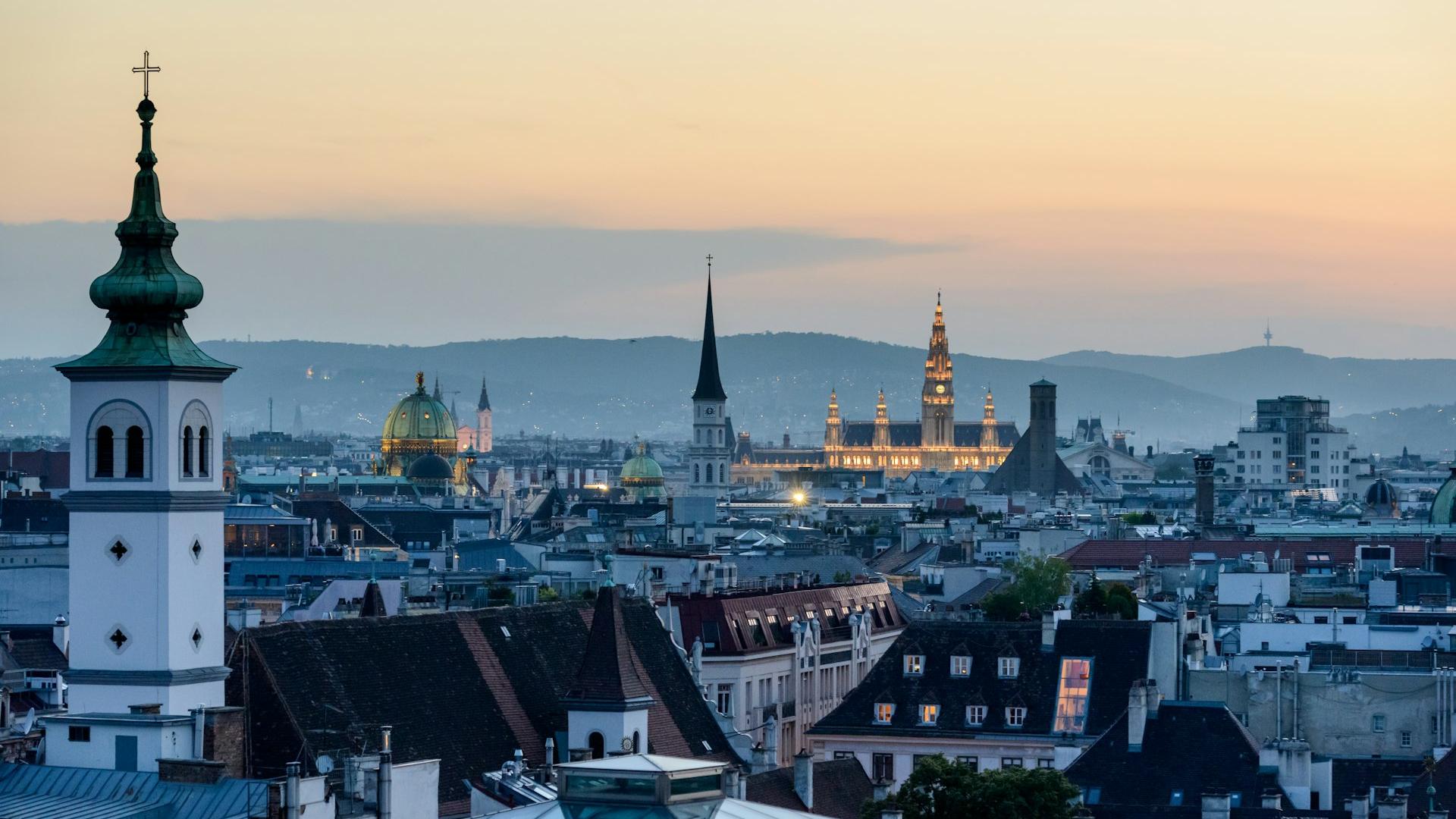 aerial view of a city during sunset